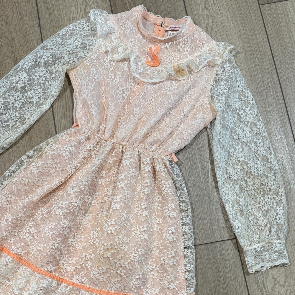 Vintage Jane Darling Union Made All Over Lace Girls Dress Size 12 Longsleeve